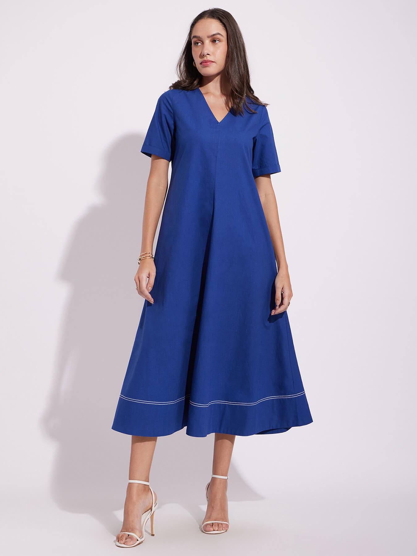 Cotton Solid A-Line Dress - Blue