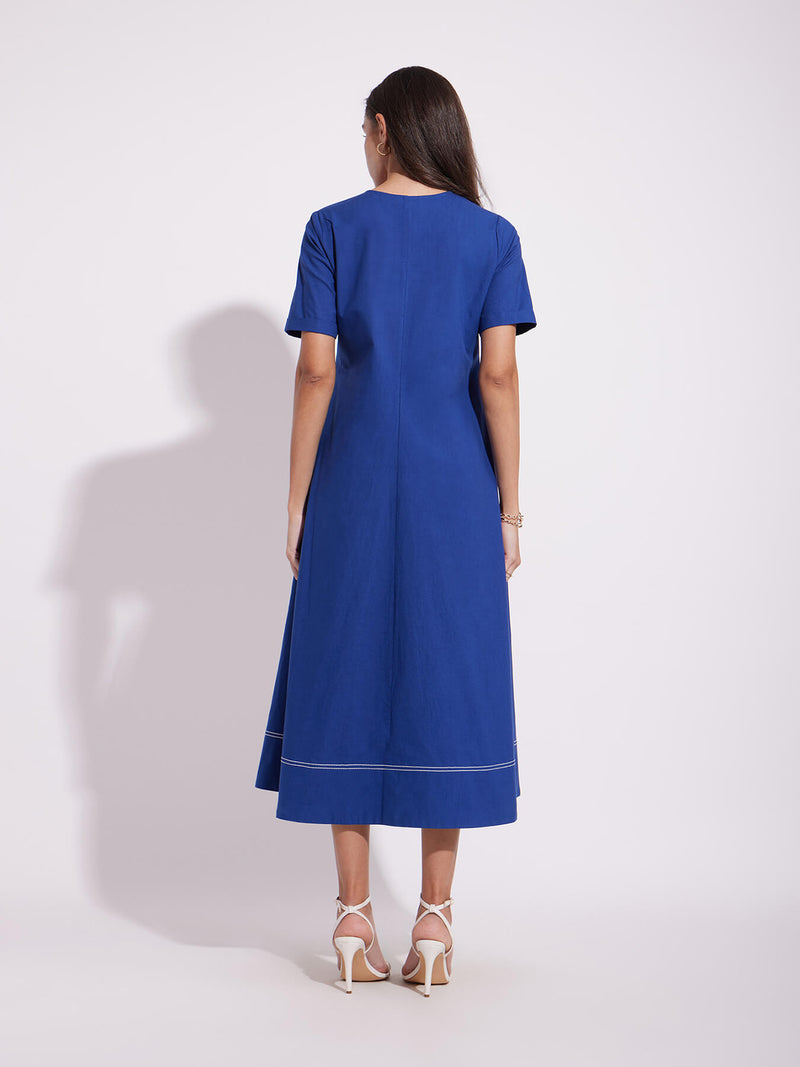 Cotton Solid A-Line Dress - Blue