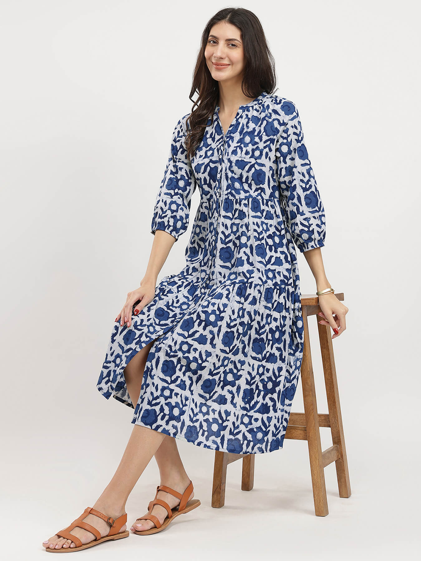 Cotton Dabu Floral Tiered Dress - Indigo