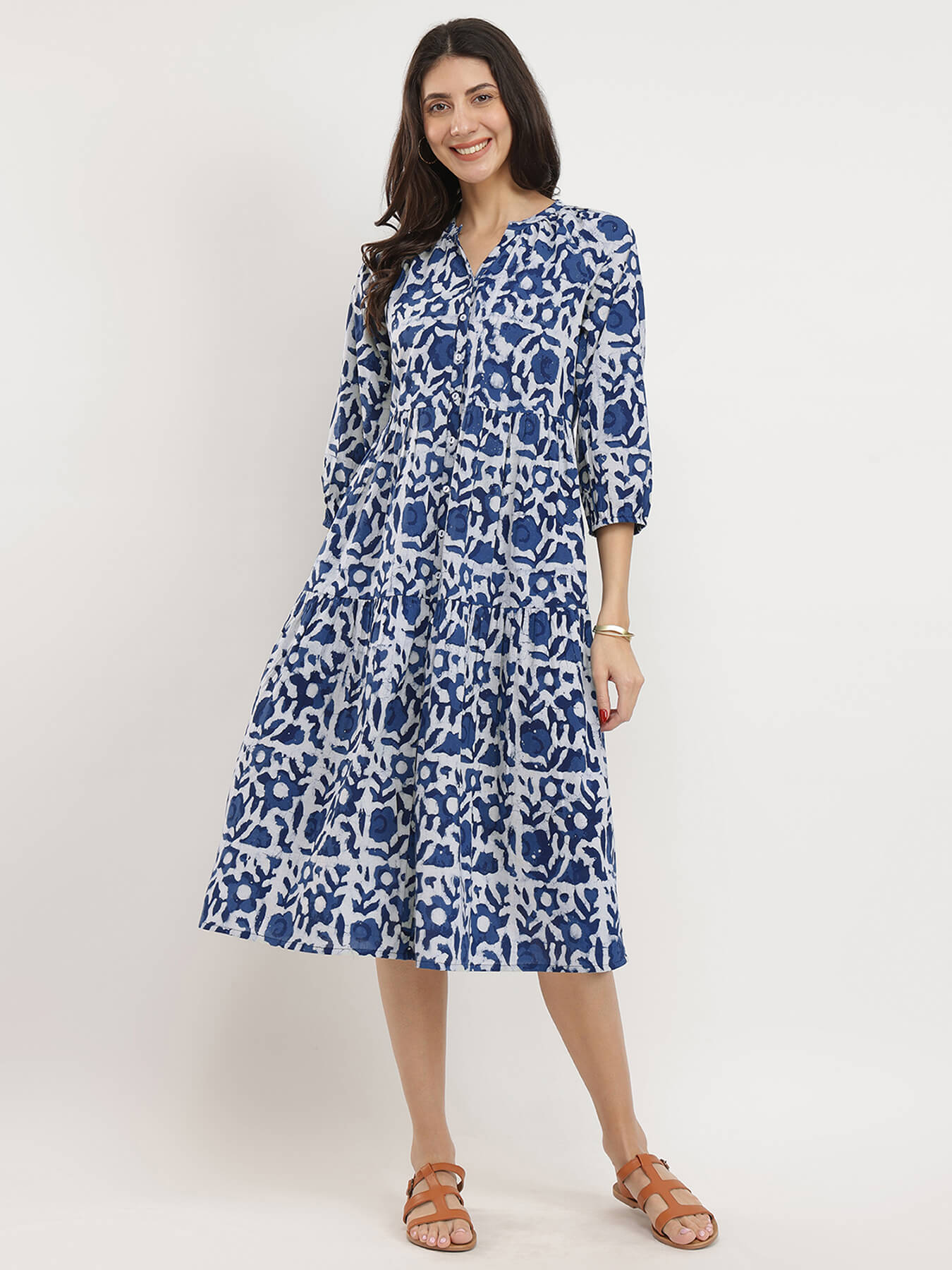 Cotton Dabu Floral Tiered Dress - Indigo