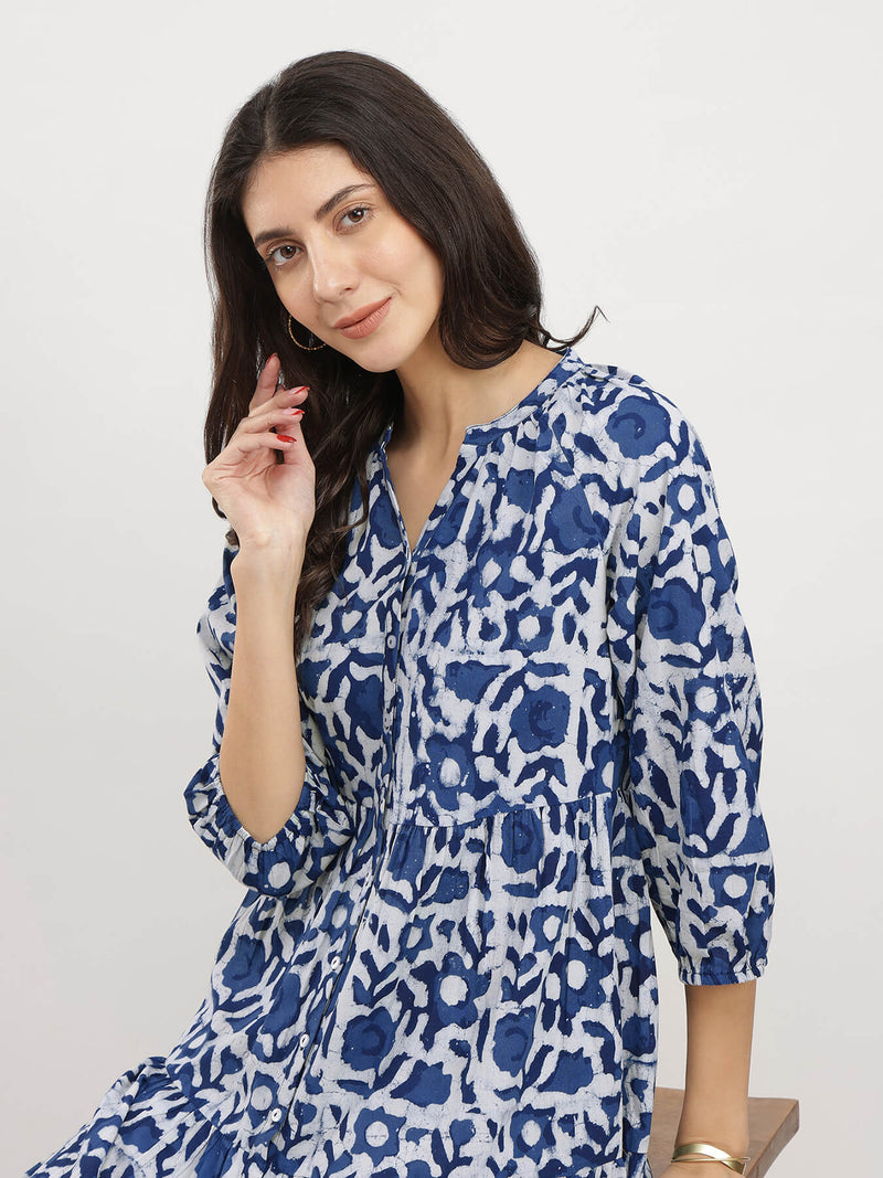 Cotton Dabu Floral Tiered Dress - Indigo
