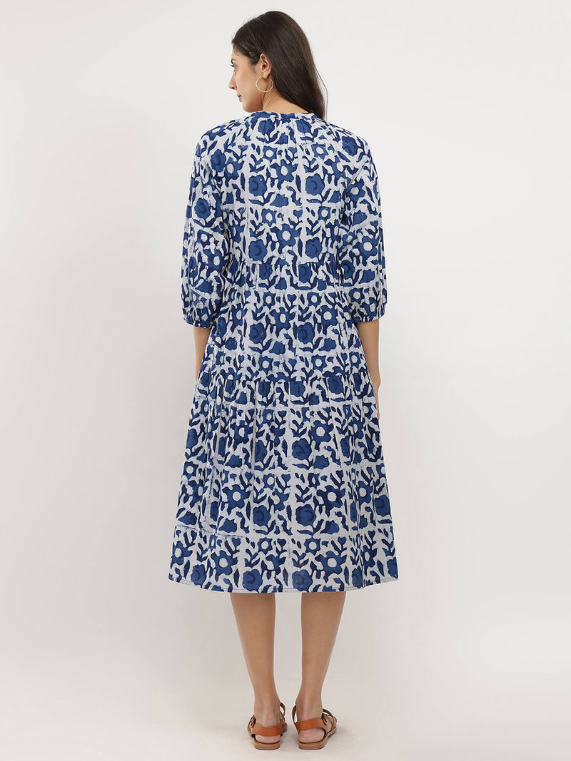 Cotton Dabu Floral Tiered Dress - Indigo