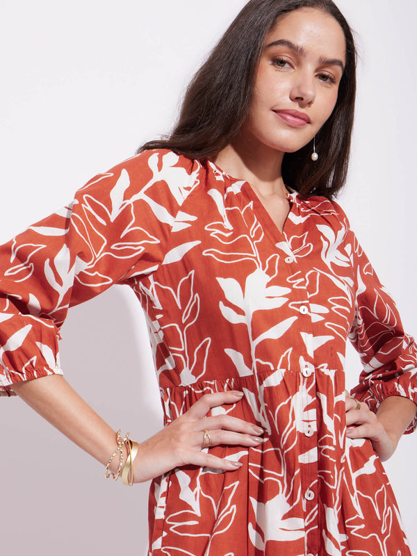 Cotton Floral Print Dress - Rust