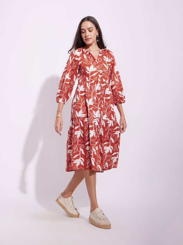 Cotton Floral Print Dress - Rust