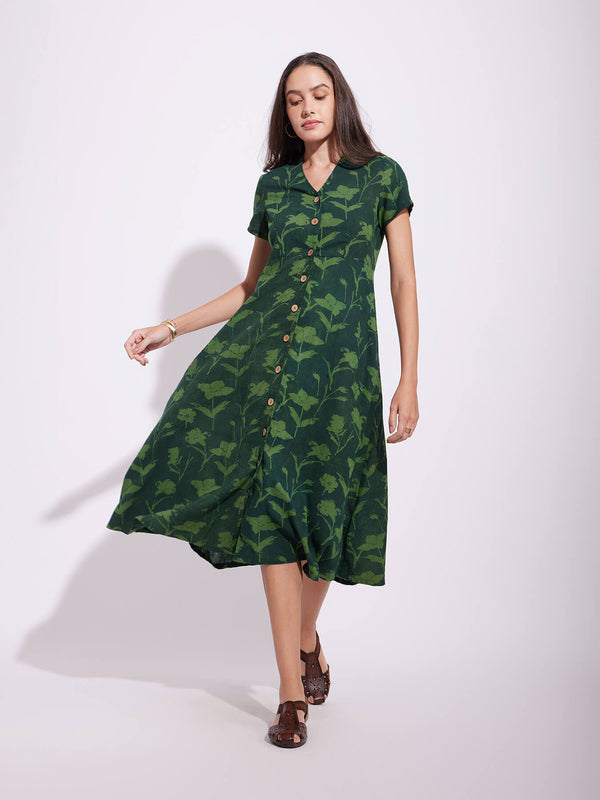 Cotton Dabu Floral Dress - Green