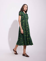 Cotton Dabu Floral Dress - Green