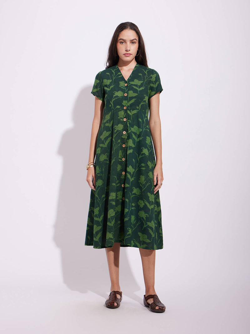 Cotton Dabu Floral Dress - Green