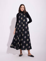 Cotton Ikat A-Line Halterneck Dress - Black