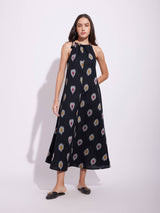 Cotton Ikat A-Line Halterneck Dress - Black