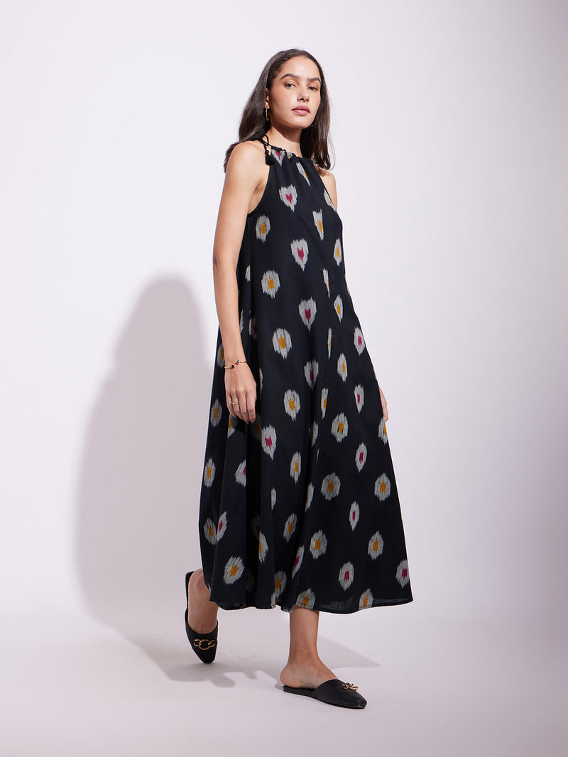 Cotton Ikat A-Line Halterneck Dress - Black