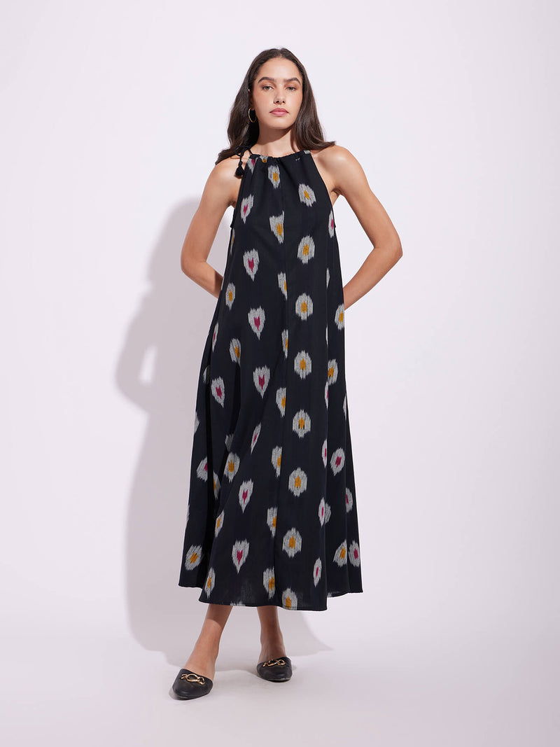 Cotton Ikat A-Line Halterneck Dress - Black