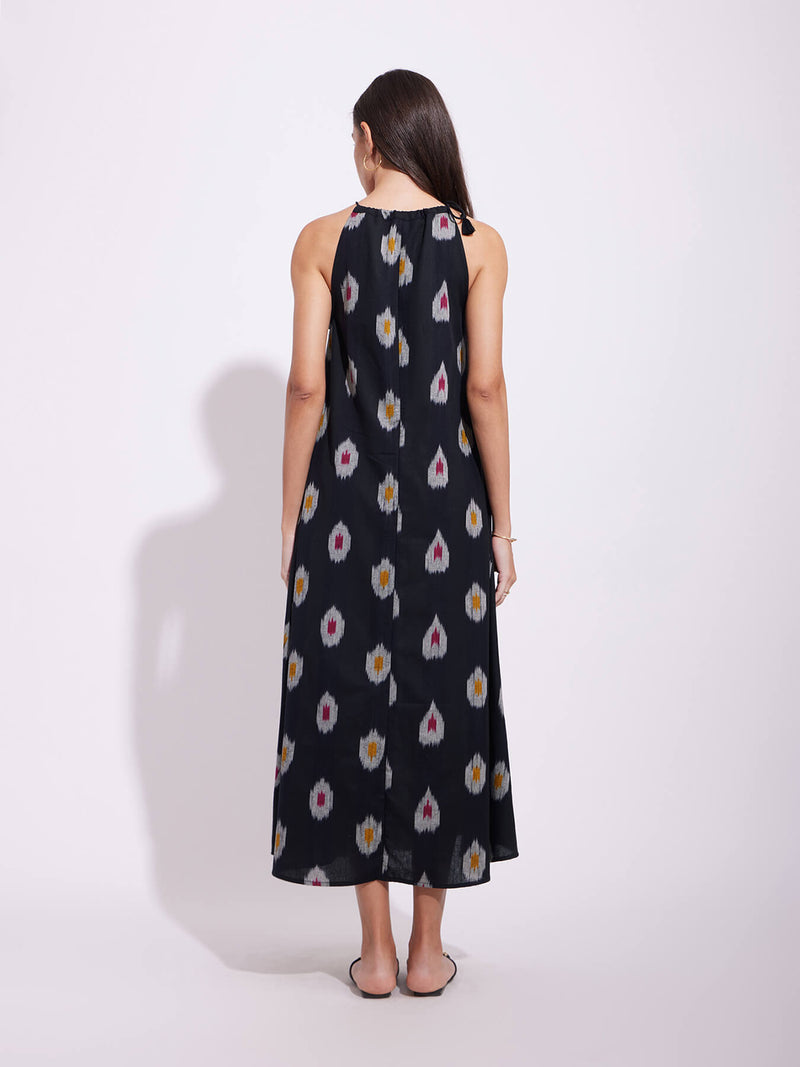 Cotton Ikat A-Line Halterneck Dress - Black