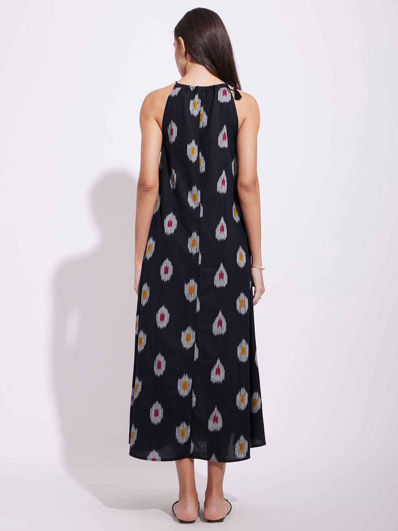 Cotton Ikat A-Line Halterneck Dress - Black