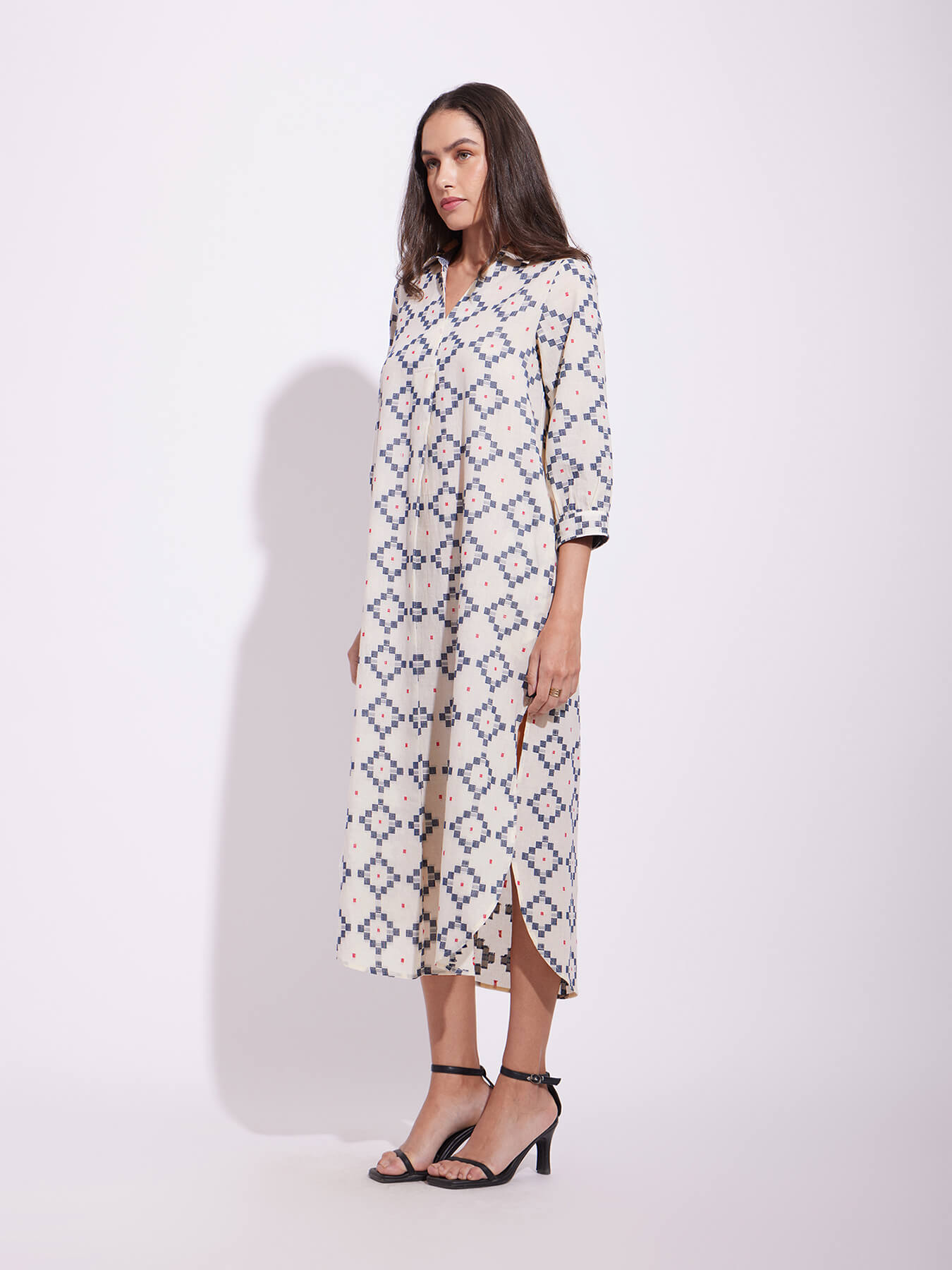 Cotton Checked Shirt Dress - Off-White & Blue
