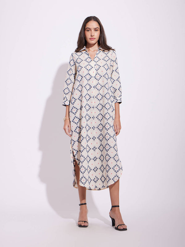 Cotton Checked Shirt Dress - Off-White & Blue