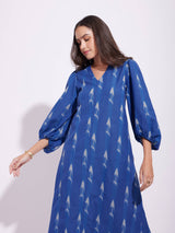 Cotton Ikat A-Line Dress - Blue