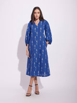 Cotton Ikat A-Line Dress - Blue