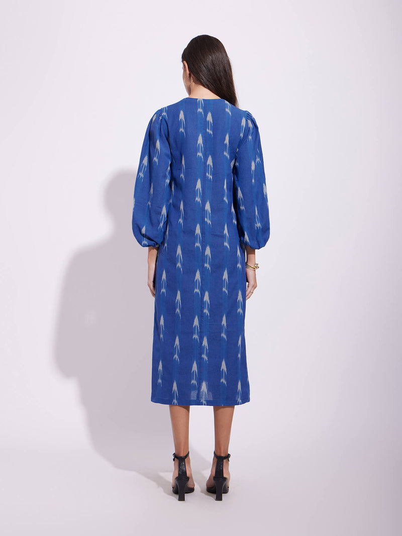 Cotton Ikat A-Line Dress - Blue