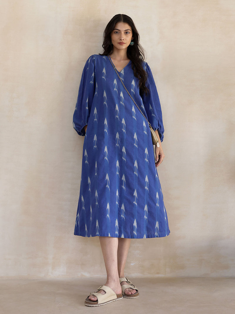 Cotton Ikat A-Line Dress - Blue