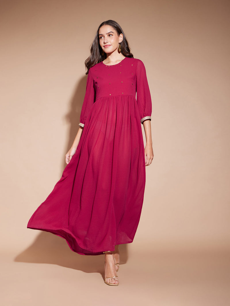 Georgette Solid Gathered Dress - Pink