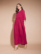 Georgette Solid Gathered Dress - Pink