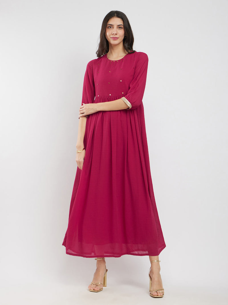 Georgette Solid Gathered Dress - Pink