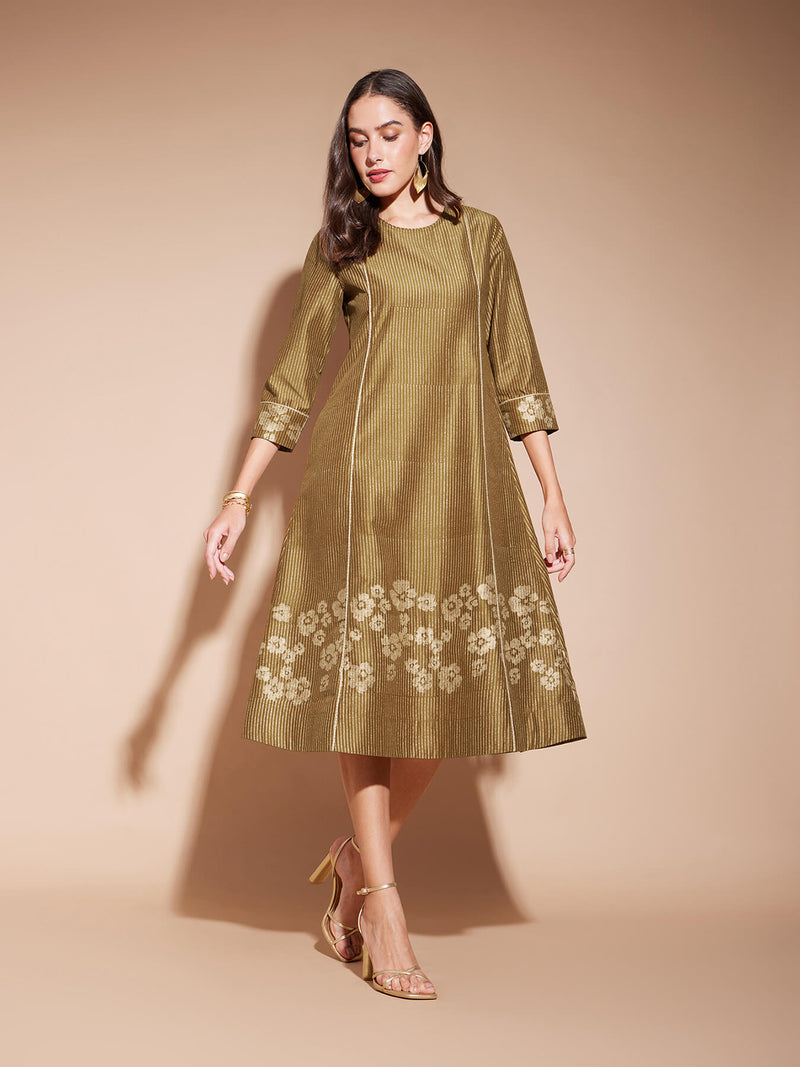 Viscose Geometric Khadi Print Dress - Mustard