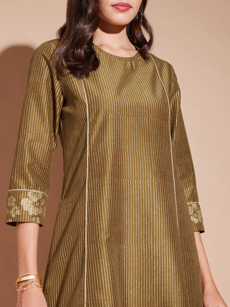 Viscose Geometric Khadi Print Dress - Mustard