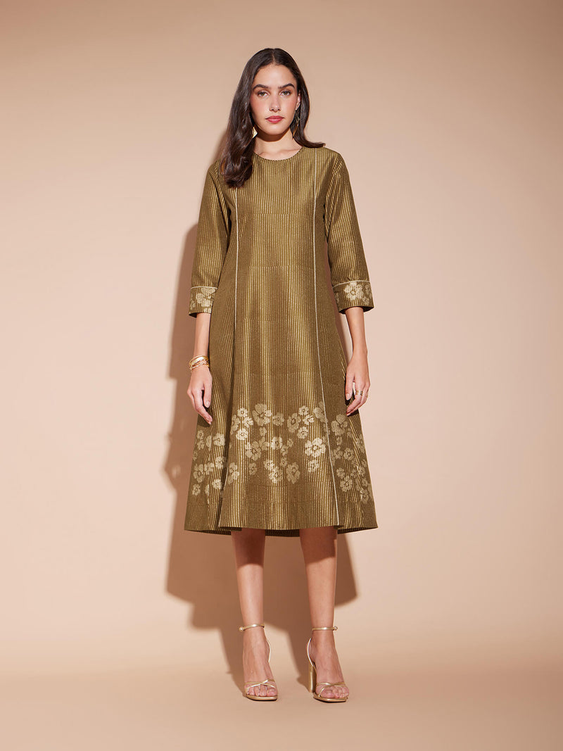 Viscose Geometric Khadi Print Dress - Mustard