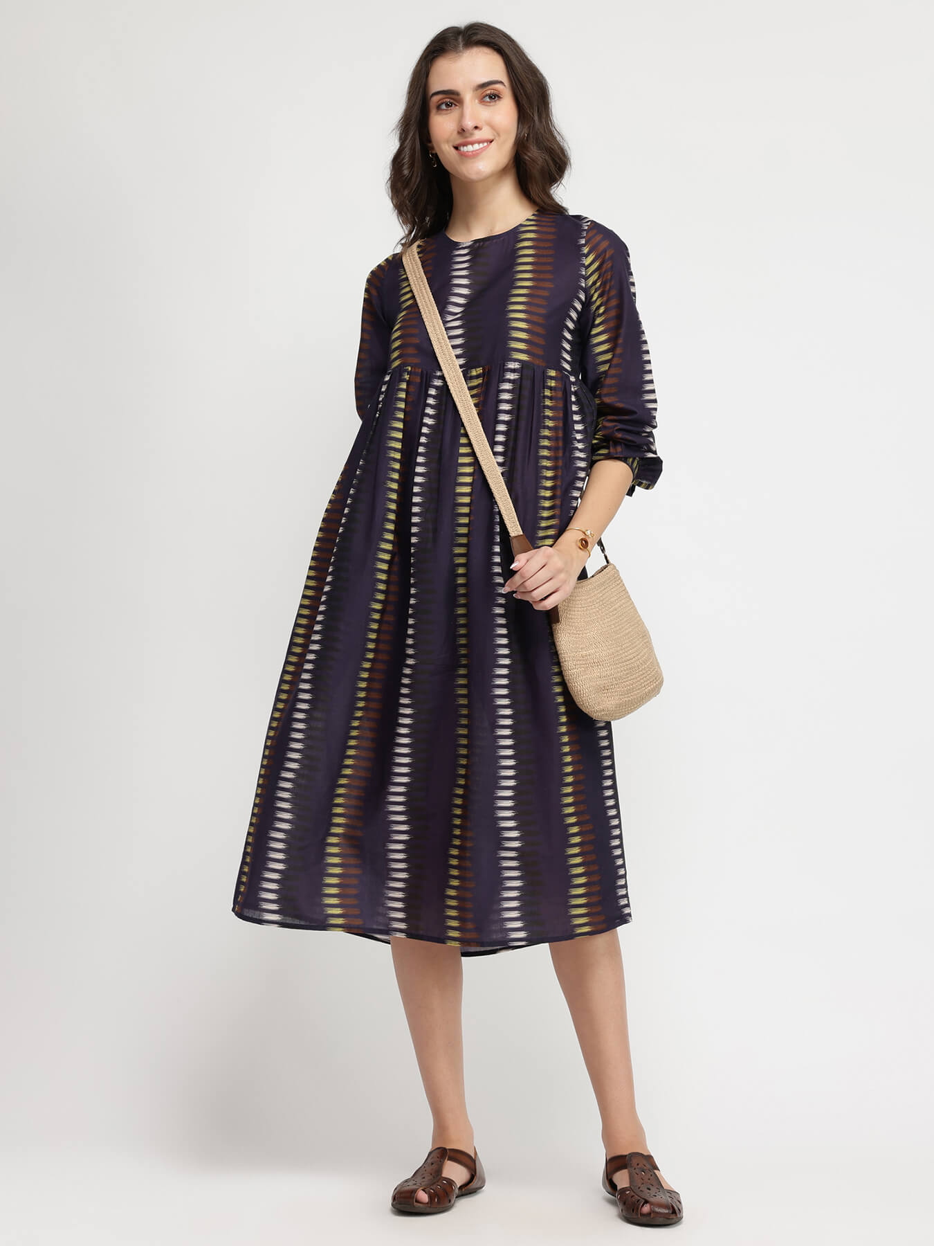 Cotton Striped A-Line Dress - Purple
