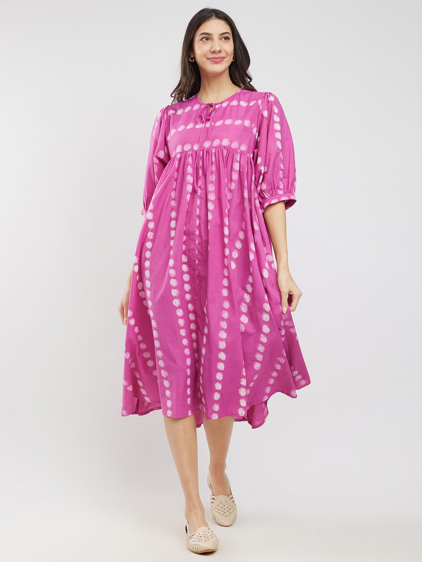 Cotton Dabu Polka A-Line Dress - Pink