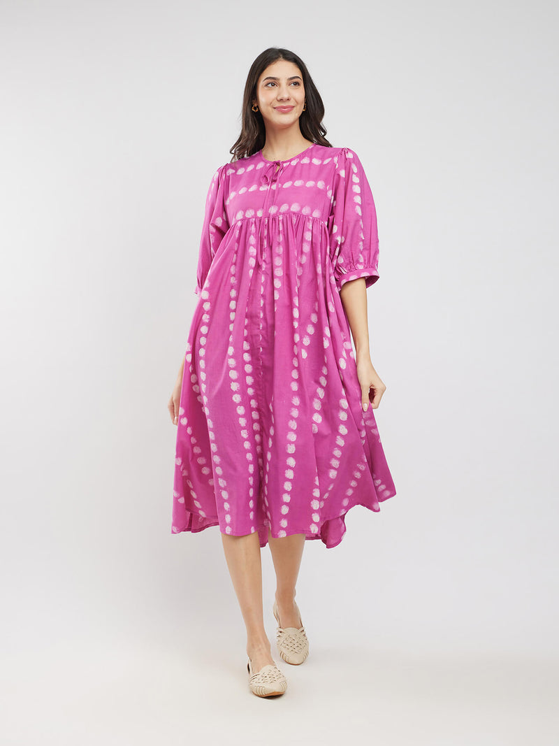 Cotton Dabu Polka A-Line Dress - Pink