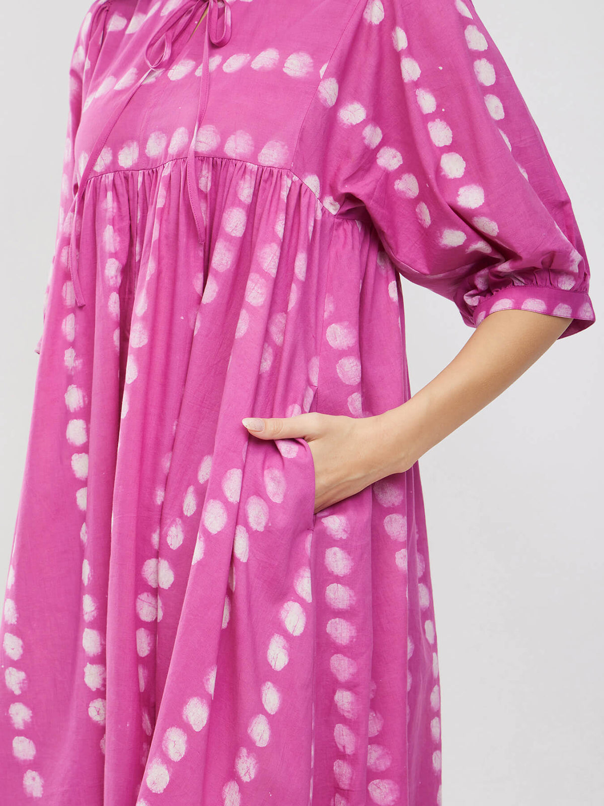 Cotton Polka Dabu Print A-Line Dress - Pink