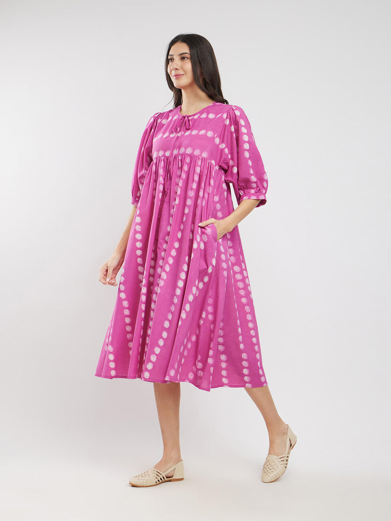 Cotton Dabu Polka A-Line Dress - Pink