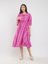 Cotton Dabu Polka A-Line Dress - Pink