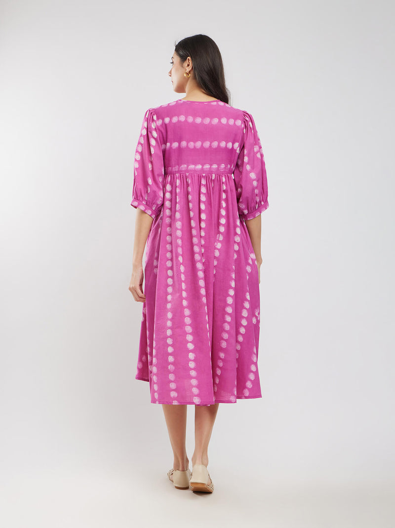 Cotton Dabu Polka A-Line Dress - Pink