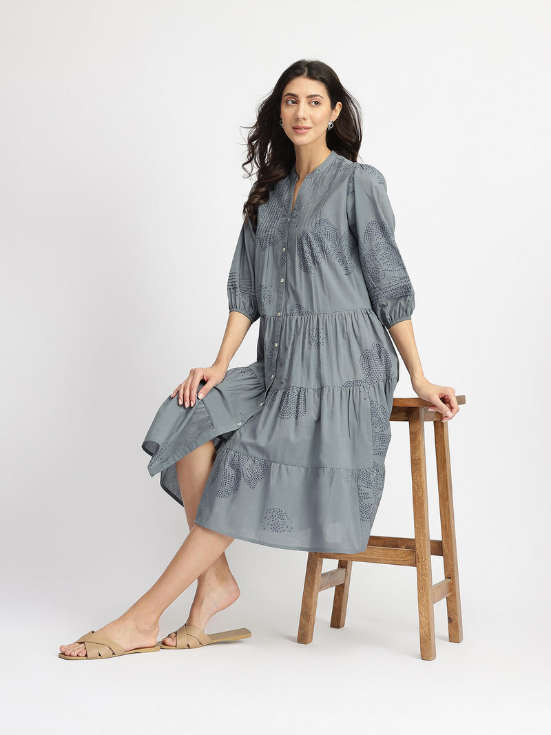 Cotton Bandhani Floral Tiered Dress - Blue