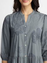 Cotton Bandhani Floral Tiered Dress - Blue