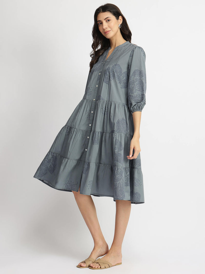 Cotton Bandhani Floral Tiered Dress - Blue