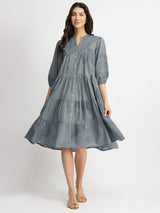 Cotton Bandhani Floral Tiered Dress - Blue