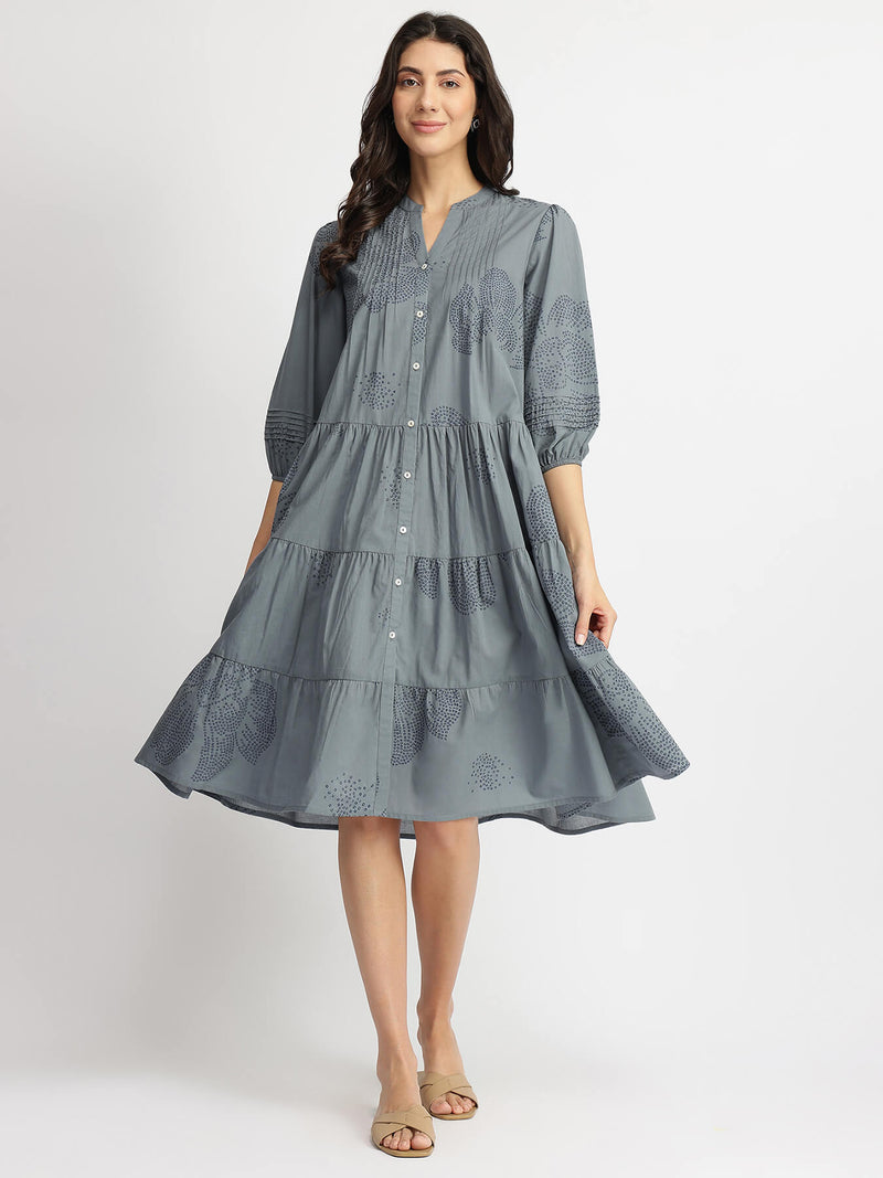 Cotton Bandhani Floral Tiered Dress - Blue