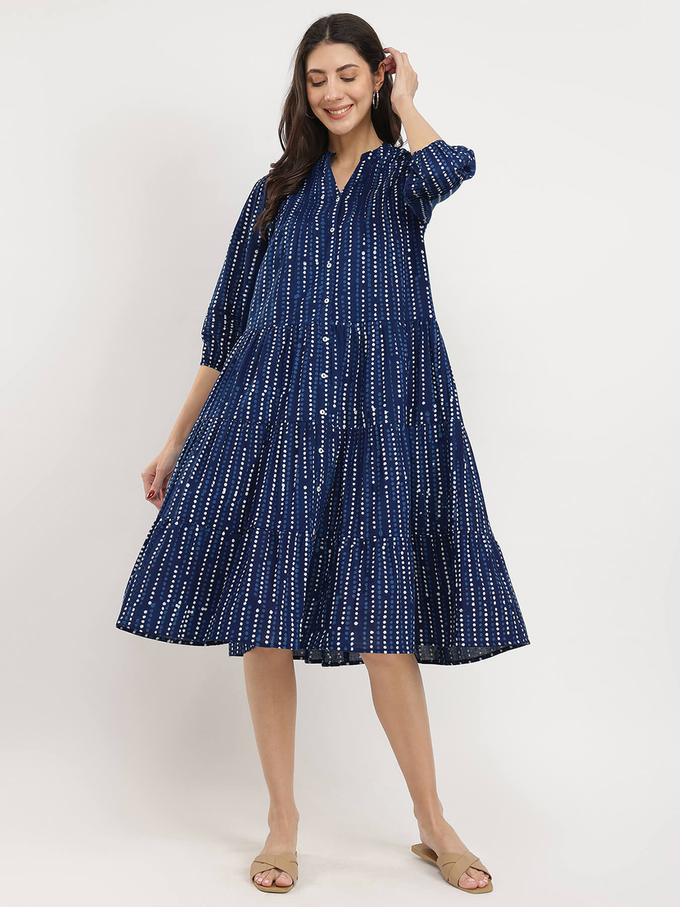 Cotton Dabu Polka Play Dress - Indigo