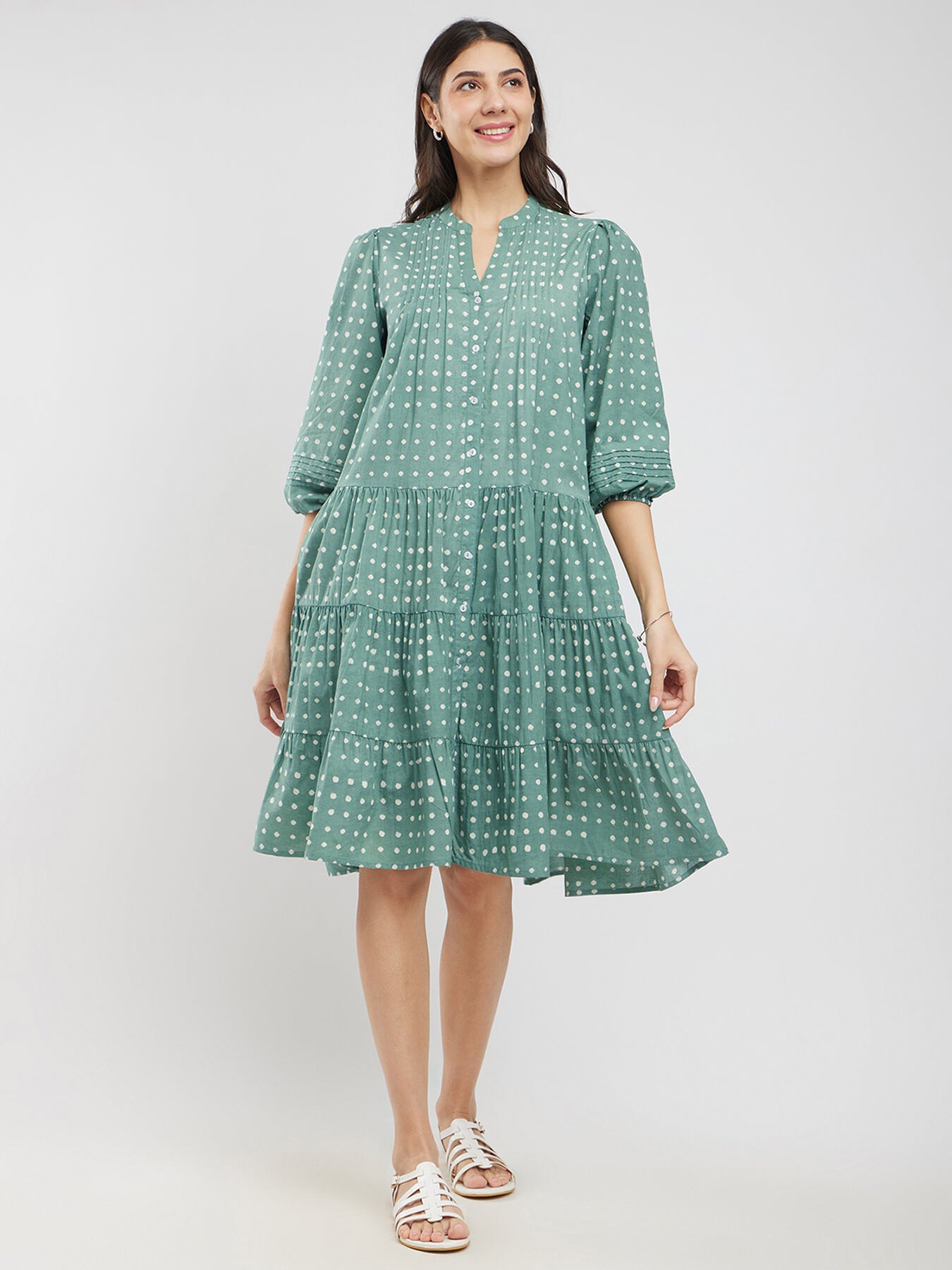 Cotton Dabu Polka Tiered Dress - Green