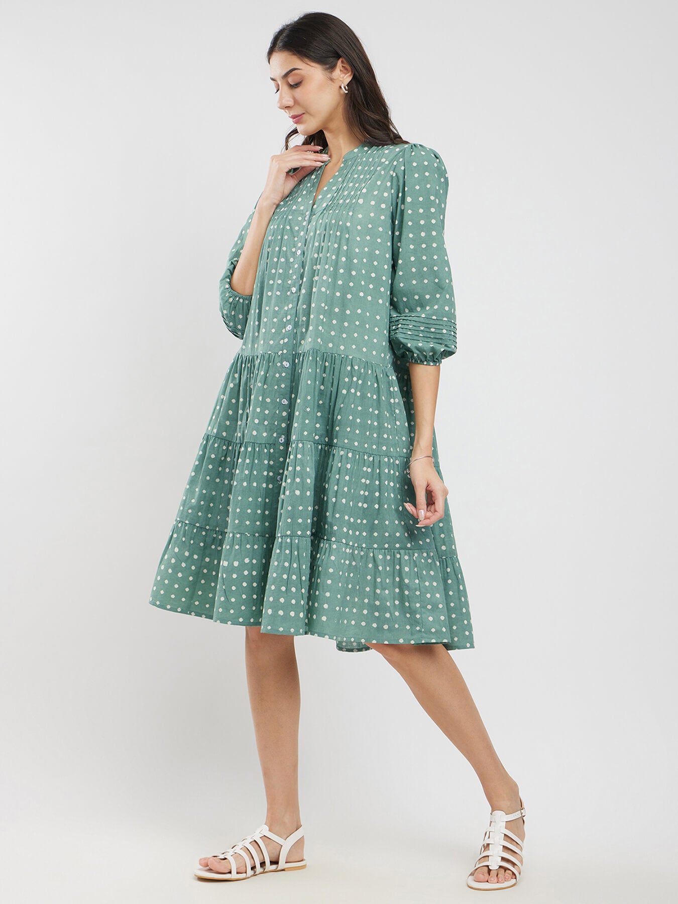 Cotton Dabu Polka Tiered Dress - Green