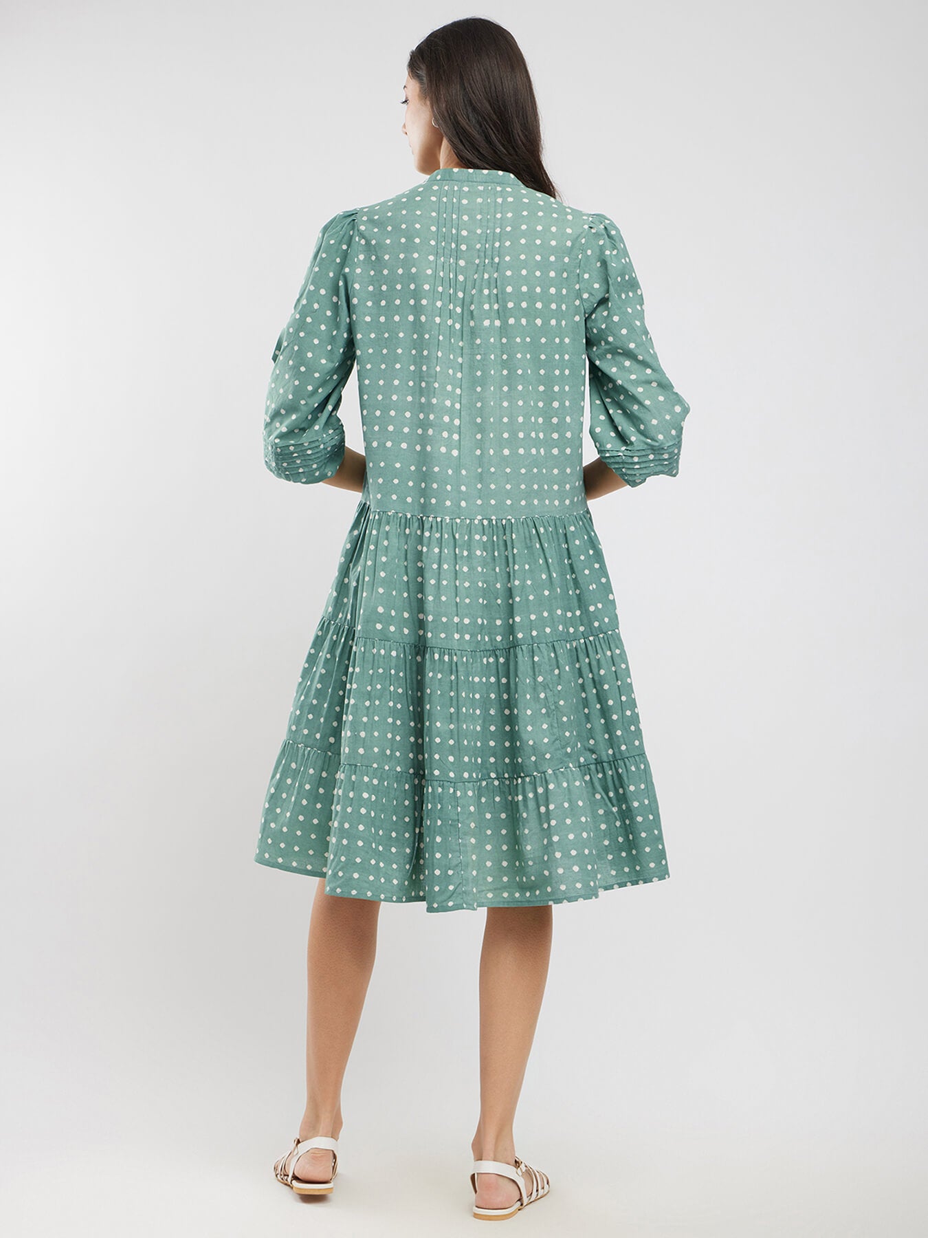 Cotton Dabu Polka Tiered Dress - Green