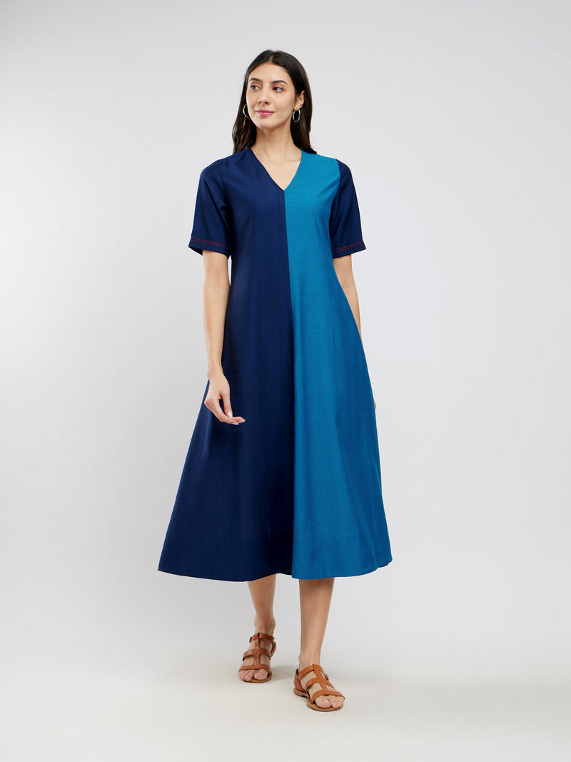 Silk Blend Colourblock A-Line Dress - Blue