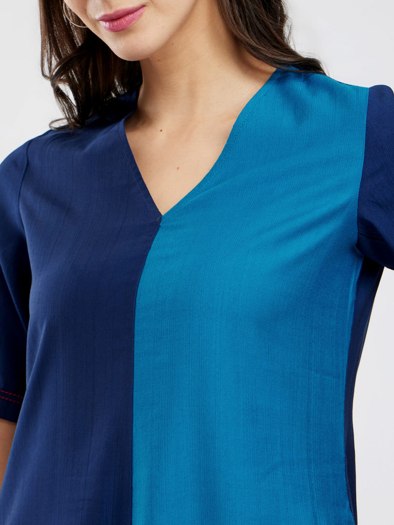 Silk Blend Colourblock A-Line Dress - Blue