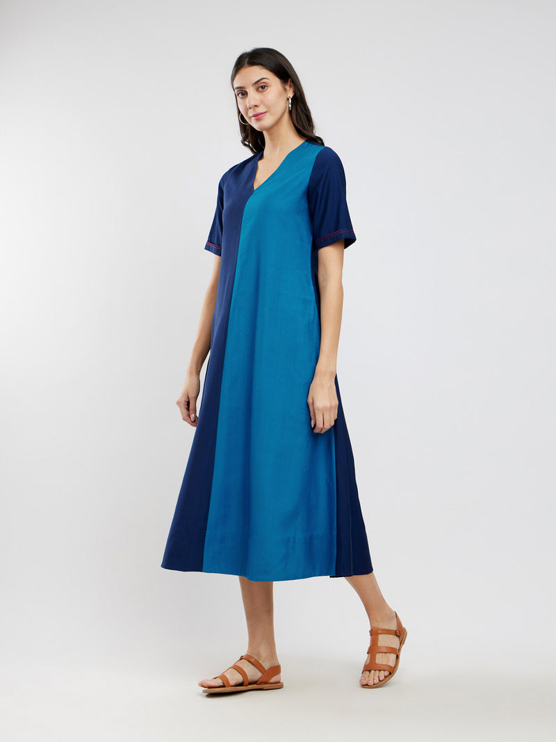 Silk Blend Colourblock A-Line Dress - Blue