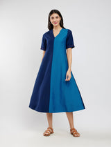 Silk Blend Colourblock A-Line Dress - Blue