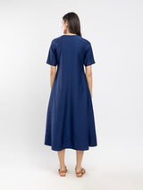 Silk Blend Colourblock A-Line Dress - Blue